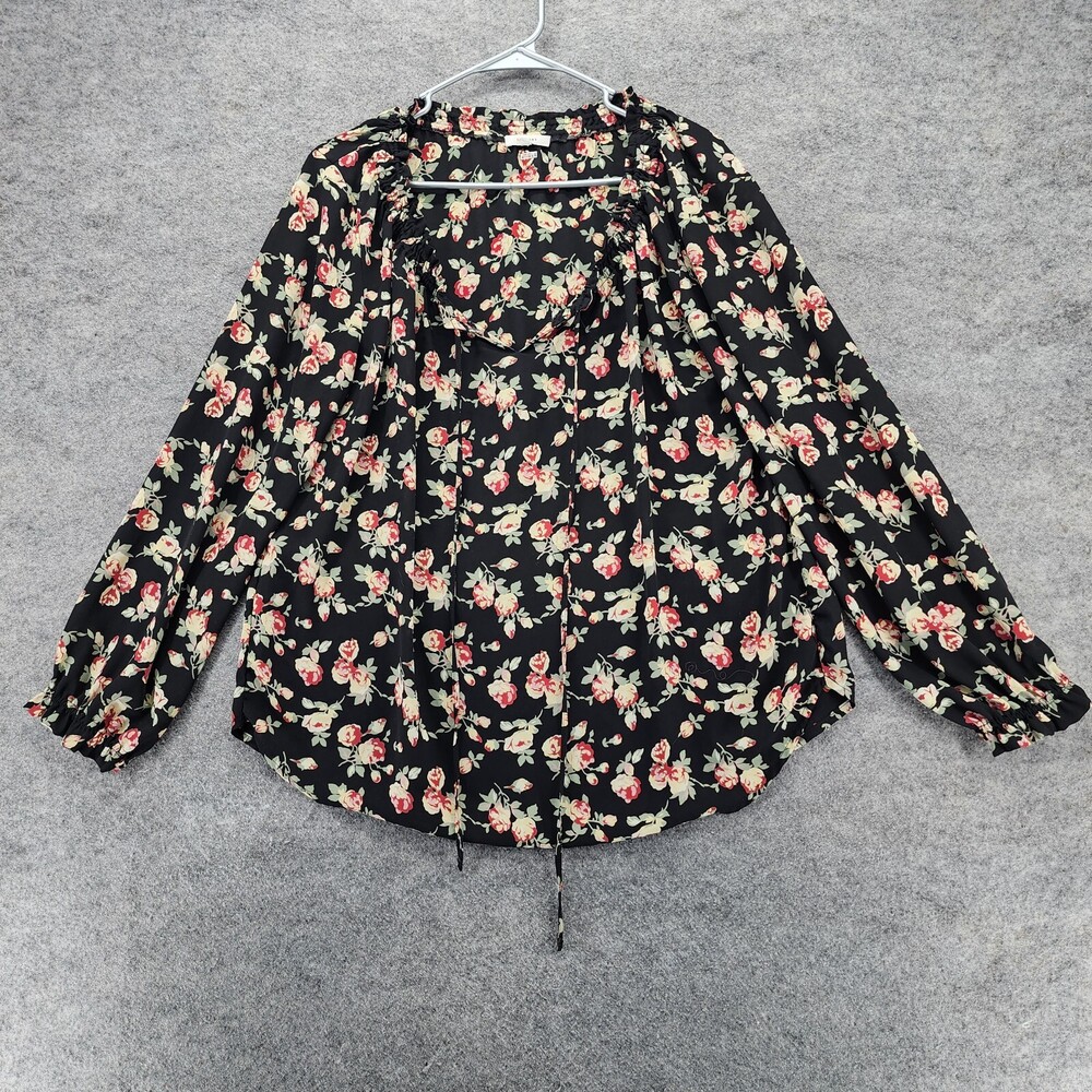 Pleione Blouse Womens Medium Long Sleeve Black Floral